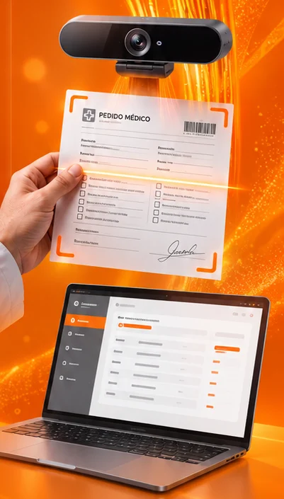 Pedido médico sendo fotografado por uma câmera na recepção