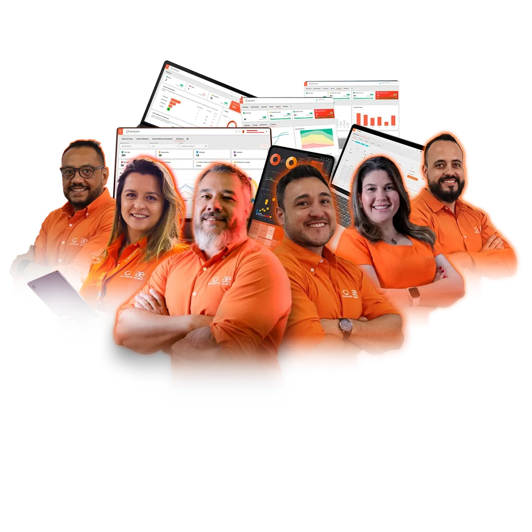 Equipe Concent com telas do sistema ao fundo